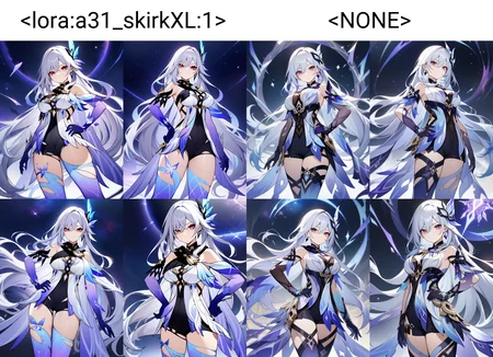 skirk \(genshin impact\), genshin impact, 1girl, solo, breasts, long hair, gloves, thighhighs, looking at viewer, elbow gloves, hand on hip, bangs, hair ornament, jewelry, blue gloves, bare shoulders, grey hair, large breasts, earrings, thighs, blue thighhighs, purple eyes, very long hair, hair between eyes, torn clothes, leotard, dress, red eyes, standing, closed mouth, black shorts, shorts, universe, event horizon
masterpiece, best quality, very aesthetic, absurdres
<lora:a31_skirkXL:1>
