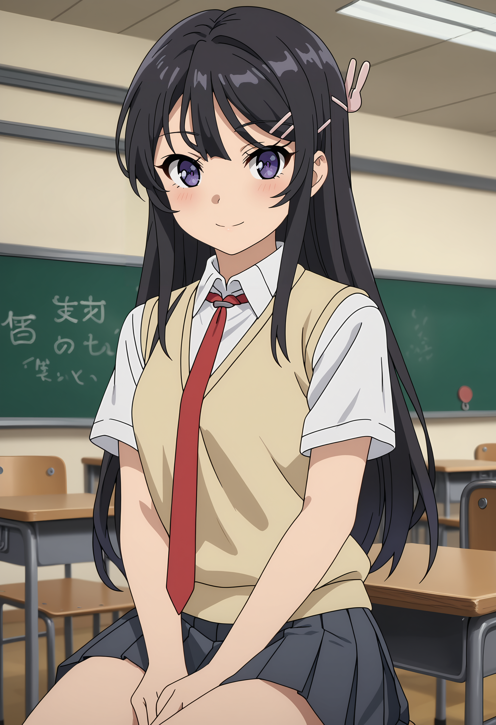 score_7_up, anime screencap, anime coloring,
<lora:SeishunButaYarou_SakurajimaMaiXL:0.8>,
1girl, solo, closed mouth, light smile, light blush,
long hair, black hair, purple eyes, hairclip, rabbit hair ornament,
MaiSchool, sweater vest, yellow vest, white shirt, short sleeves, red necktie, pleated skirt, grey skirt,
thigh gap, sitting, looking at viewer,
blurry background, indoors, classroom