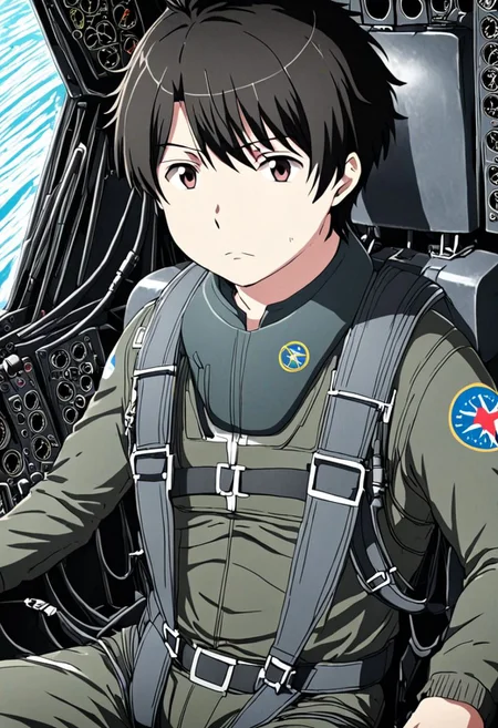 high resolution, solo, best quality, 1Boy, Inaho Kaizuka, Black Hair, Pilot, Cockpit, Jet Fighter, OverallDetail