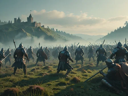 long shot of two armies of medieval  warriors fight each other on a grassy hill,  <lora:add-detail-xl:1>  masterpiece, 8k,cold colors, illustration, (volumetric fog:1.5)