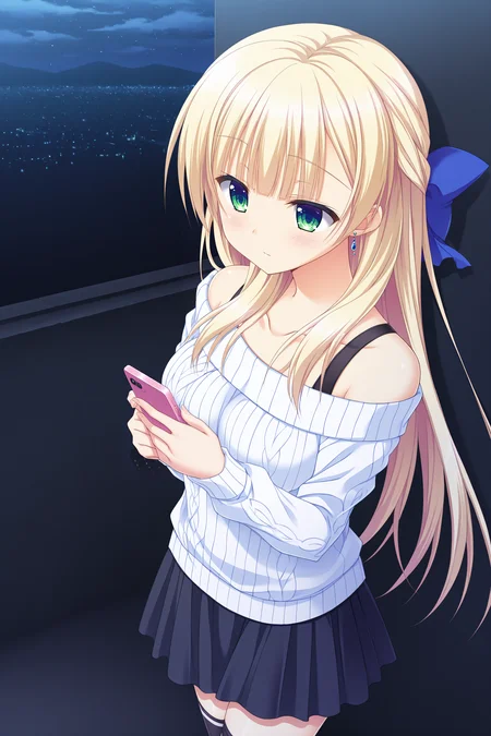 anime coloring,anime screencap,anime screenshot,masterpiece, best quality, high quality, detailed, absurdres,newest, scenery, 1girl, solo, official style,best perspective,depth of field, very_aesthetic, best_quality ,high_resolusion, (8K:1.5),,crisp quality, ultra detailed,perfect anatomy,perfect lighting,anime screencap, perfect eyes,detailed eyes,<lora:Sylvia_Final_IL:1>,1girl,Sylvia,blonde hair,long hair,green eyes, bangs,princess sylvia, earrings, hair ribbon, single_hair_ribbon, large_hair_ribbon, blue_hair_ribbon, back_tied_hair_ribbon,
1girl, solo, sweater, white sweater, phone, skirt, night, thighhighs, holding phone, cellphone, sky, holding, bangs, collarbone, off shoulder, long sleeves, off-shoulder sweater, zettai ryouiki, night sky, smartphone, bare shoulders, outdoors, cable knit, closed mouth, pleated skirt, aran sweater, black thighhighs, star (sky), cowboy shot, standing, cityscape, blunt bangs,, city lights, looking down,bra strap,scenery, miniskirt, building, expressionless, against wall,,alley,no light,dark background,black background,wall,cloudy sky,from above,side view,,pole,