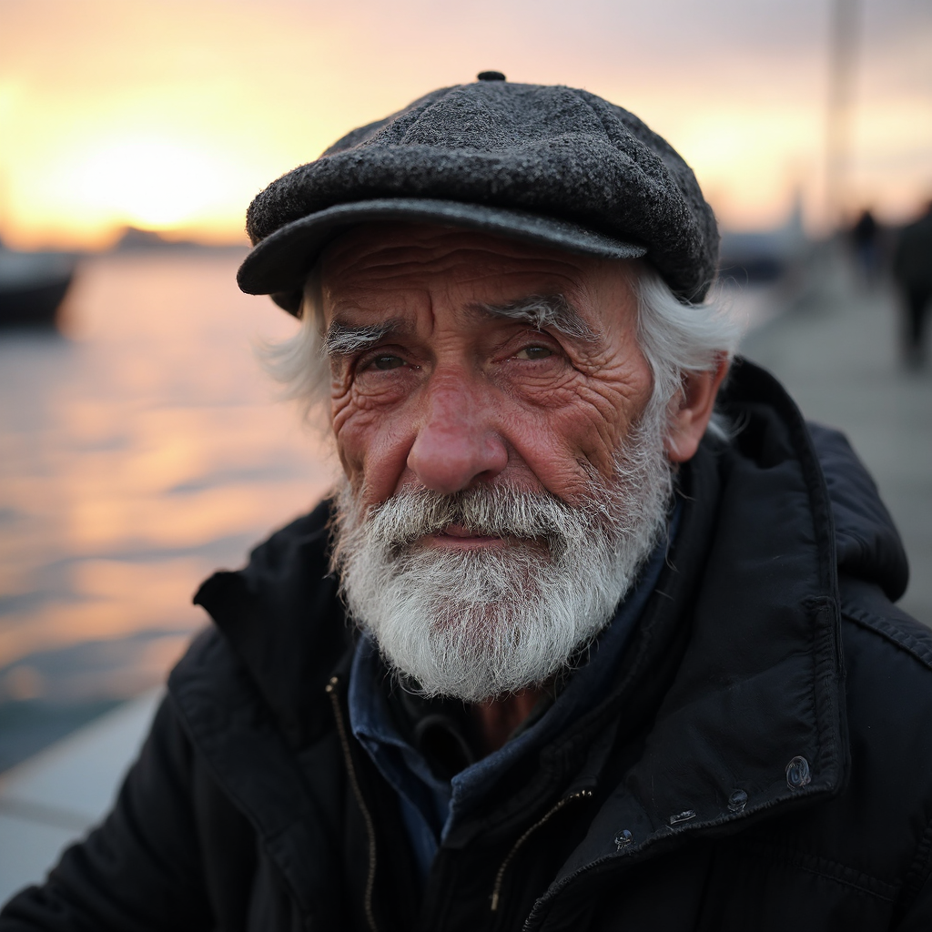A professional photo portrait of an old fisherman, with white hair and beard, wrinkles on his face, wearing a wool cap. 
The photo shows extreme skin details.
The fisherman is sitting on the pier of a port, at sunset.