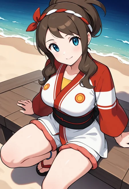 2d, masterpiece, best quality, amazing quality, highres, absurdres, newest, 1girl, solo, sitting, beach, night, from above, dutch angle, looking at viewer, medium breasts, sumhilda, blue eyes, brown hair, sidelocks, hair ornament, nejiri hachimaki, hairband, japanese clothes, happi, long sleeves, multicolored jacket, red jacket, white jacket, yellow shirt, two-tone shorts, white shorts, red shorts, anklet, sandals, (mature female, adult body, grown up, aged up)