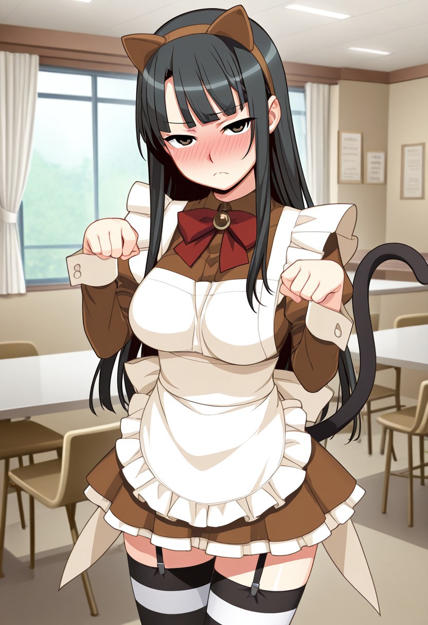 score_9,score_8_up,score_7_up,source_anime,5_figner,2d_animation,game cg,BREAK,1girl,solo,
Aiura Ichika,
black hair,long hair,blunt bangs, side hair,
large breasts,
brown maid,maid apron,bow,garter straps,striped thighhighs,zettai ryouiki,fake animal ears,long sleeves,red bow,cat tail,
frown,embarrassing,full-face blush,paw pose,
cowboy shot,
cafe,table,chair,window,curtain,counter,
front view,looking at viewer,
masterpiece,best qualit,ultra-detailed,illustration,an extremely delicate and beautiful,beautiful detailed eyes,unity 8k wallpaper,high resolution,anime CG,official_art,