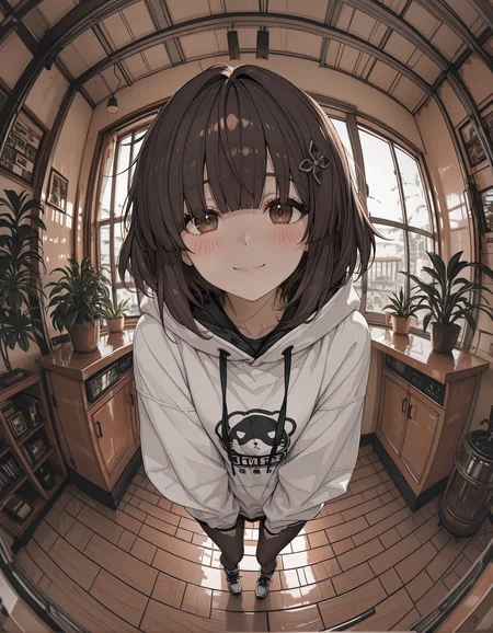 incredibly absurdres, masterpiece, absurdres, high quality,re4lity_sync_illu, <lora:re4lity:1>,1girl, solo, hoodie, hood, brown eyes, smile, blush, bangs, looking at viewer, hood down, indoors, hair ornament, plant, white hoodie, long sleeves,fisheye, photo background, (blurry edges:1.3),
