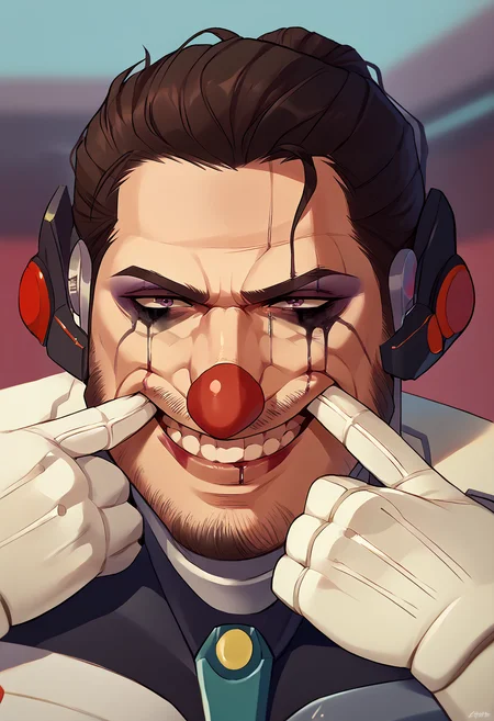 score_9, score_8_up, score_7_up, forced smile, mouth pull, fingersmile, <lora:JokersForcedSmile_pdxl_Incrs_v1:1.1>, makeup, clown nose, runny makeup, <lora:JetstreamSam_XLPD:0.8> JetstreamSam, cyborg, bodysuit, headgear, beard, teeth,