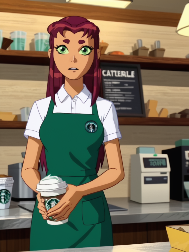 score_9, score_8_up, score_7_up, volumetric lighting,
starfire, 1girl, long hair, skirt, depth of field, anime screencap,  cashier, counter, looking at viewer,  (starbucks:1.2),
<lora:teentitans_pony_v1:0.6>