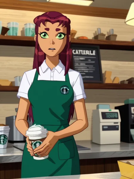 score_9, score_8_up, score_7_up, volumetric lighting,
starfire, 1girl, long hair, skirt, depth of field, anime screencap,  cashier, counter, looking at viewer,  (starbucks:1.2),
<lora:teentitans_pony_v1:0.6>