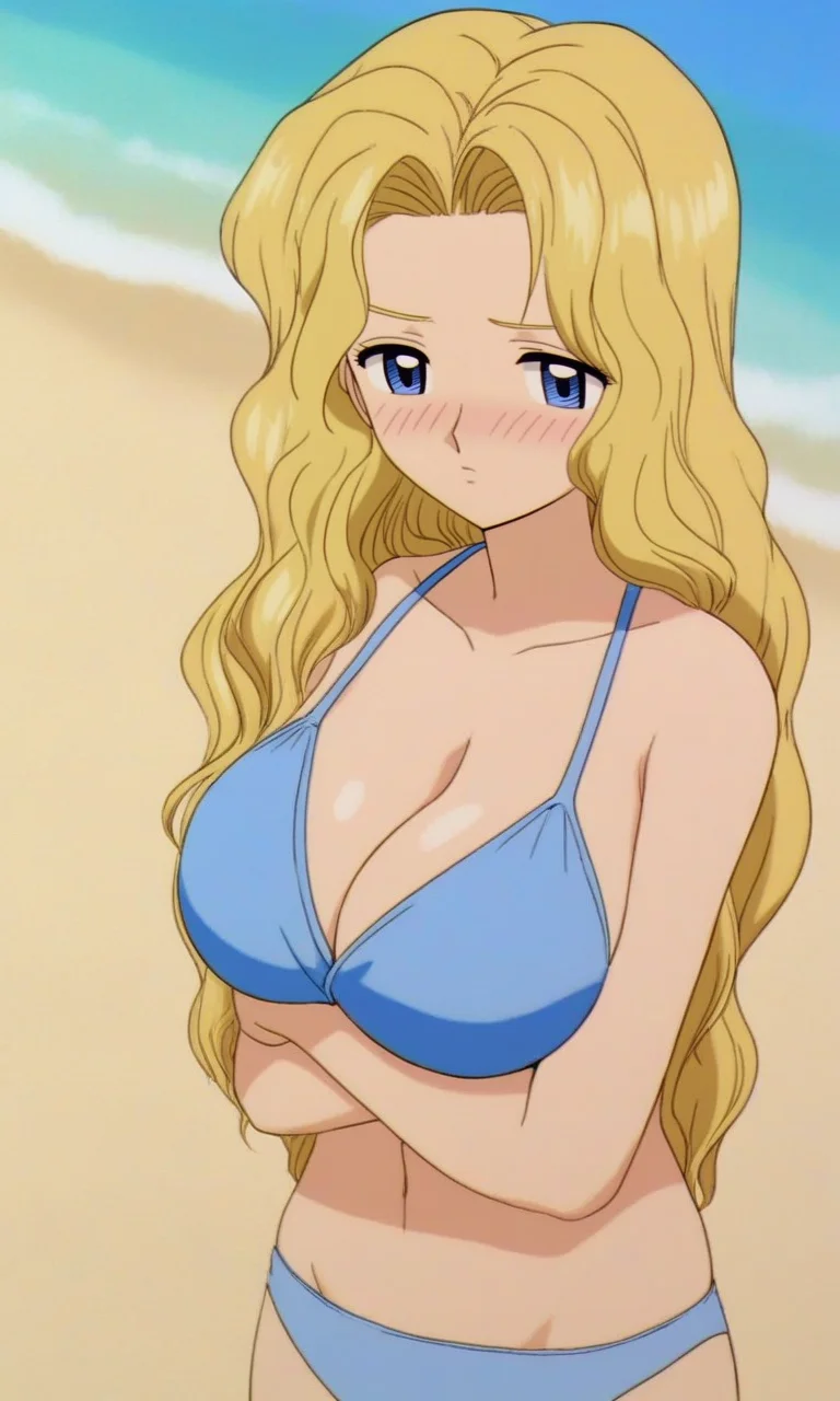 1girl, cardcaptorstyle, long_hair, blonde_hair, blue_eyes, large_breasts, beach, arm_under_breasts, blush