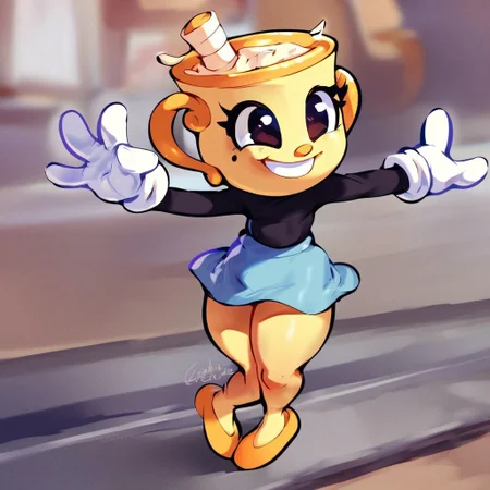 ms. chalice (game), yellow skin, handles, black shirt, long sleeves, white gloves, blue skirt, golden flats,
thighs,
smiling, happy,
standing,
1girl, solo, score_6, score_7, score_7_up,