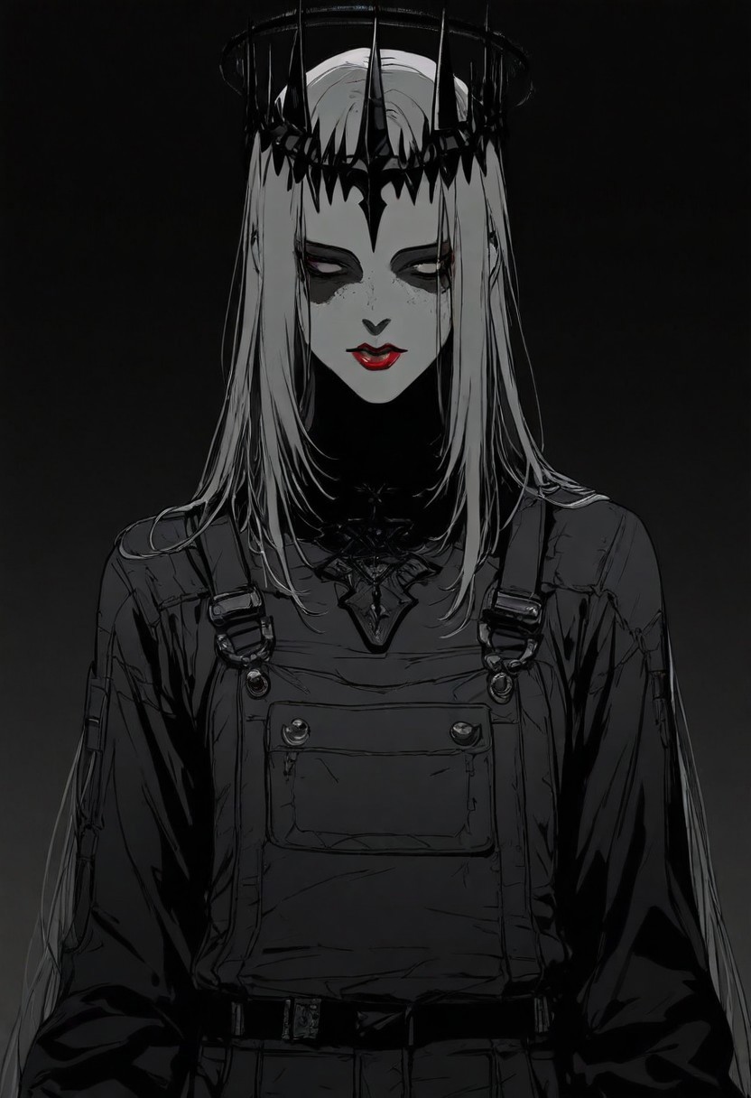 masterpiece, best quality,high quality, newest, highres,absurdres, androgynous figure against a solid black background. The subject is adorned in a futuristic, geometric costume with bold color combinations. The costume is primarily composed of horizontal black and white stripes, which create a stark contrast against the figure's pale skin. The headpiece is a large, circular shape with a gradient from red at the outer edge to white at the center, resembling a halo. The figure's face is painted in a dramatic, almost mask-like style, with a white base and striking red lips. The makeup around the eyes is heavily accentuated, giving a bold, almost exaggerated appearance. The overall aesthetic is minimalistic yet highly impactful, with a focus on clean lines and bold color contrasts. The image's lighting is carefully controlled, casting subtle shadows that accentuate the contours of the costume and the figure's features. The texture of the costume appears smooth and glossy, enhancing the futuristic and otherworldly feel of the artwork. The composition is symmetrical, with the figure centered and the headpiece extending beyond the frame, drawing the viewer's attention to the central subject. white sphere on the background, dark_theme,soft lighting