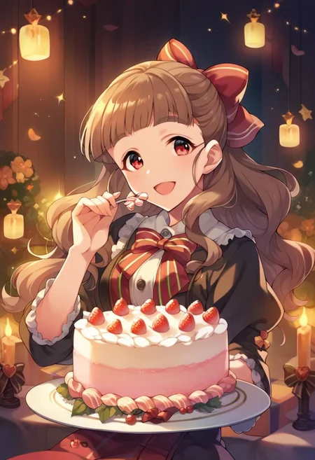 score_9, score_8_up, score_7_up, score_6_up, score_5_up, score_4_up,kamiya nao, brown hair, long hair, red eyes, 1girl,solo, gift, food, smile, cake, open mouth, bow, hair bow, candle, looking at viewer