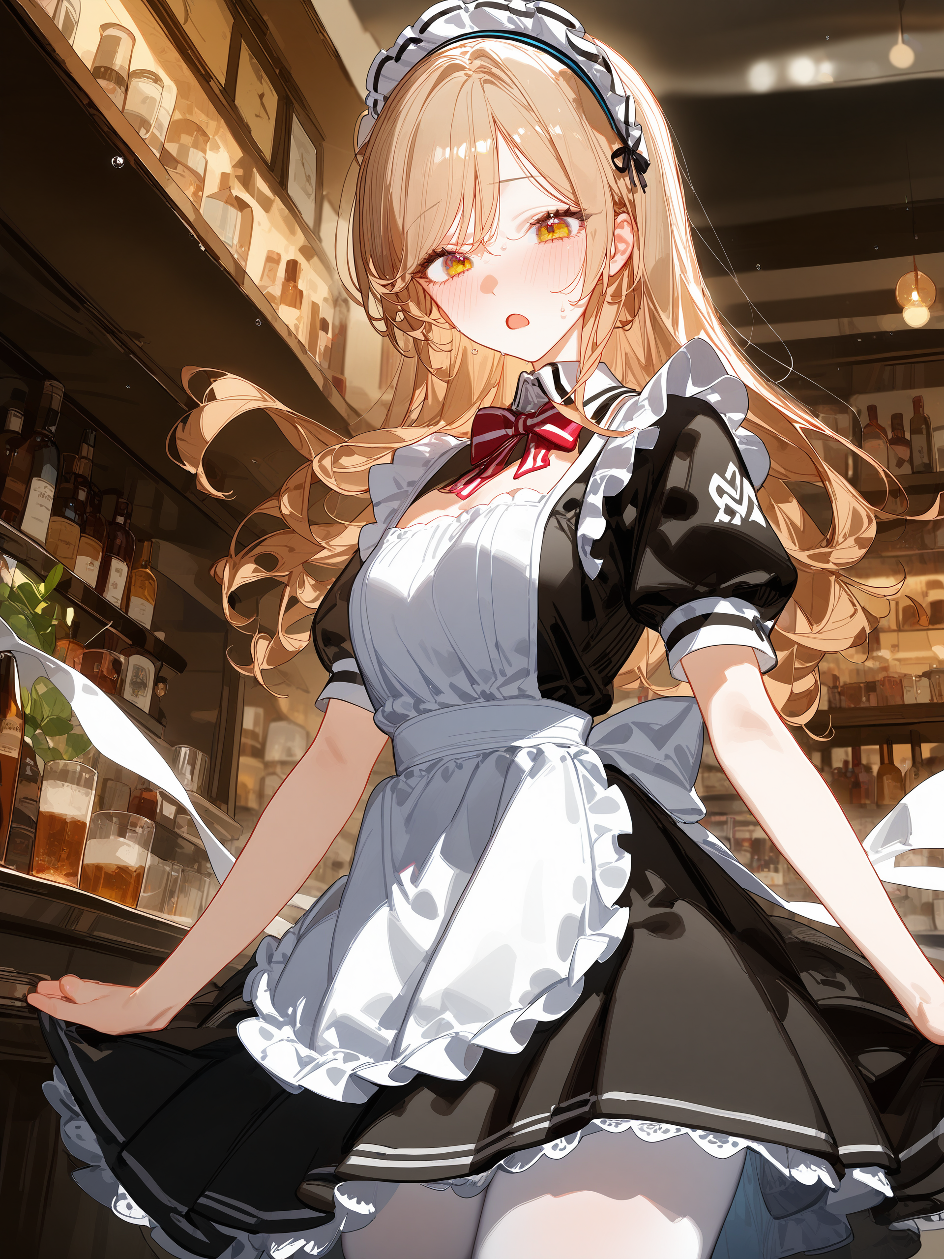 1girl, sena ajisai, solo, maid, maid headdress, maid apron, embarrassed, white pantyhose, open mouth, blush, parted lips, looking at viewer, cowboy shot, bar \(place\), indoors, depth of field <lora:Char-Sena_Ajisai-V1-SDXL:0.9>, illustration, incredibly absurdres, ultra detailed, masterpiece, best quality, perfect features, intricate details, ray tracing, very aesthetic, (hitenkei, askzy:0.4), [<lora:XL-detailed_notrigger:0.95>::0.5], [:<lora:XL-aesthetic_anime:1.2>:0.5]