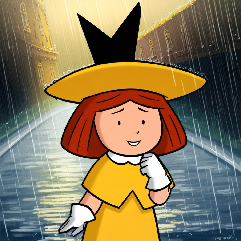 score_9, solo, madeline_fg, hat, red hair, gloves, yellow dress, paris, rain, natural lighting