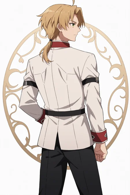 score_9, score_8_up, score_7_up, source_anime, 1boy, prefect lighting, very aesthetic, intricate details, highly detailed background, masterpiece, high quality, prefect hands, best quality, solo,
<lora:Rudeus_Greyrat_Mushoku_Tensei_V1:.95>, KJOrudy, parted bangs, blonde hair, green eyes, small ponytail, low ponytail, ahoge, mole under eye,
full body, from back,
white school uniform, arm straps, long sleeves, red trim, silver school badge, black pants,
white background, simple background,