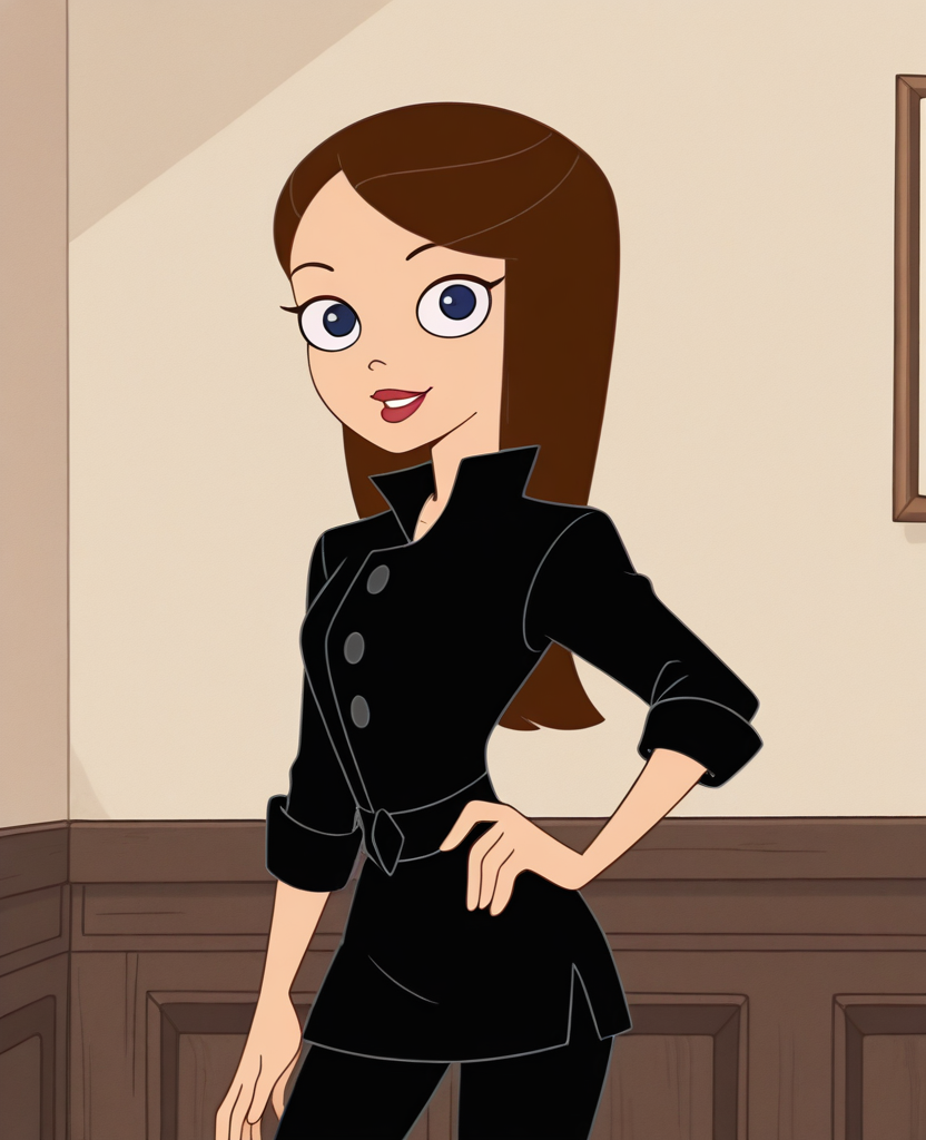 absurdres, highres, <lora:Vanessa_PF_ILLUS:0.8>, vn1, official style, official art, black shirt, buttons, sleeves rolled up, pants, blue eyes, brown hair, long hair, red lips, looking at viewer, smile,