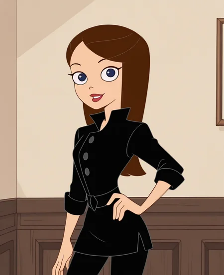 absurdres, highres, <lora:Vanessa_PF_ILLUS:0.8>, vn1, official style, official art, black shirt, buttons, sleeves rolled up, pants, blue eyes, brown hair, long hair, red lips, looking at viewer, smile,