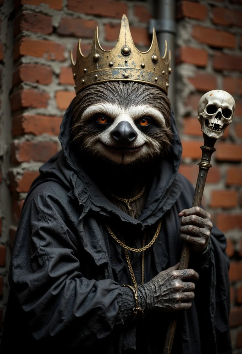 the most scary cute sloth king with crown, wearing a magic robe and a skull magic staff,
, aidmaHalloweenBoost, aidmaHyperrealism, aidmaimageupgrader, aidmaabdhr, aidmafluxpro1.1