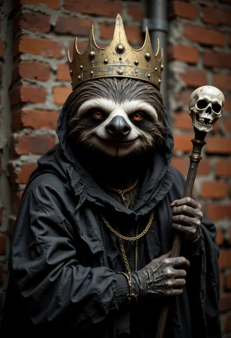 the most scary cute sloth king with crown, wearing a magic robe and a skull magic staff,
, aidmaHalloweenBoost, aidmaHyperrealism, aidmaimageupgrader, aidmaabdhr, aidmafluxpro1.1