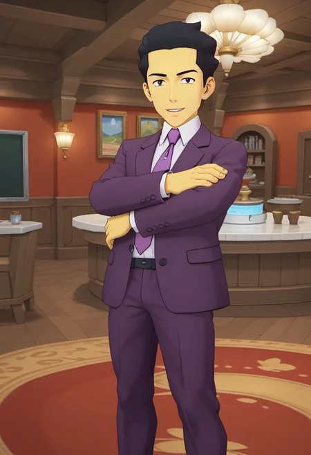 score_9, score_8_up, SFW, ultra hd, absurdres, best quality, masterpiece, masculine, solo, 1male, male focus, best anatomy, best eyes, best hands, hand with five fingers, mature male,
Johnny Tightlips, black hair, yellow skin, light purple necktie, purple suit, white collared shirt, ski lodge, inside, interior, standing, crossed arms, standing, full body shot, anime, source_anime, anime eyes, open eyes, happy, smiling,