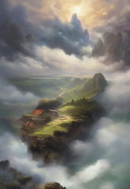 View from a rocky ledge to a massive, weathered ark resting between two high, jagged hills. The scene is shrouded in a thick, ominous fog, with an eerie stillness in the air. The ark, appearing ancient and majestic, looms large against the chaotic swirl of dark clouds above. The sky is filled with ominous, swirling clouds, casting deep shadows over the landscape. Animals of all kinds are faintly visible through the mist, gathering in pairs and moving towards the ark. The overall scene evokes a sense of awe and solemnity, capturing the profound moment of Noah's Ark amid the turbulent surroundings. [romantic impressionism,dream scenery art,beautiful oil matte painting,romantic,style of thomas kinkade,beautiful digital painting,anime landscape,romantic painting,dreamlike digital painting,colorful painting,beautiful gorgeous digital art,style of greg rutkowski,janek sedlar,jenny saville:0]