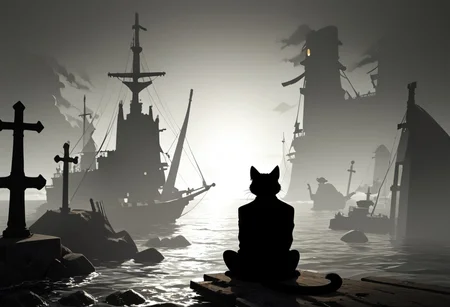 (masterpiece), (score_9, score_8_up, score_7_up,source_anime), 4K8K,
cat, focus. punk, male, 
(scope view, far view), (silhouette cat, black and white cat, tuxedo cat, solo), (solo:1.3), (sitting), scenery, 
(leather culottes),  (backlighting, silhouette:1.3), 
outdoors, (Viking Ship, graveyard, A battered ship that ran aground), 
<lora:harada_miyuki_style:1>
<lora:backlighting-000001:1>