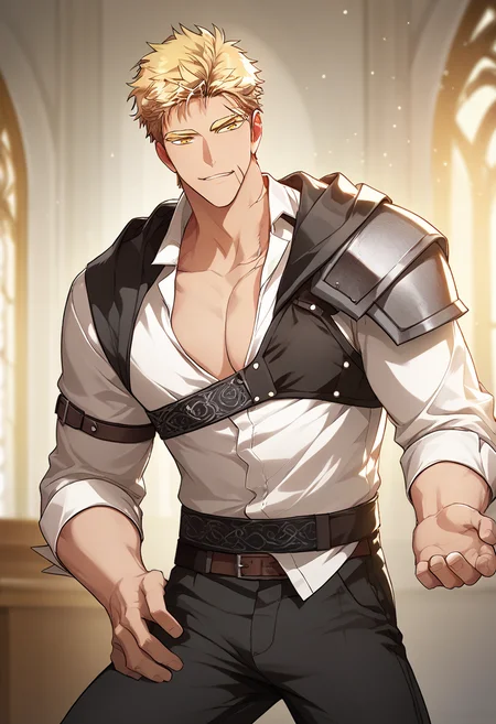 1boy, male focus,
<lora:Character - Author of My Own Destiny - Gunter:1> gunter, blonde hair, scar, yellow eyes
((zPDXL)), best quality, amazing quality, best aesthetic, absurdres, year2023, nsfw, game cg, official art, official style, uncensored,
<lora:Style - Ecstasy_Emperess:0.45> emper3ss
castle
cowboy shot, collared white shirt, shoulder guard, pectoral cleavage, naughty face, chest belt,
