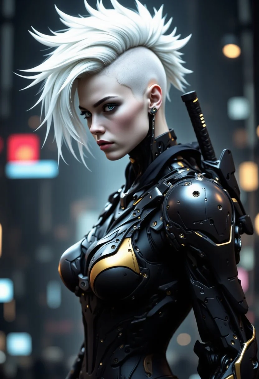 high angle camera view from above and at a distance, realism, skin texture style, Photo Quality Gorgeous Female Face, Ultra Pale Extremely White Skin, Tall White Mohawk Hair Style, detailed, facial expression style, High details face, High detailed Eyes, Full Body view, Mecharmor, futuristic, Jet Black with Very Dark Gold Trim Exosuit, Heavy Mech, Dynamic Aggressive Combat Pose, busty breasts, Cleavage with Covered Nipples, Exosuit, Extremely Low V cut top, Power Armor, futuristic, Tactical Futuristic Samurai Sword, Perfect hand, Heavy Mech, Armor Color Jet Black with Very Dark Gold Trim, Robot, Full body, Ready to strike, futuristic, (off-center composition, left aligned, Portrait), Detailed hand, battle-worn, Gothic Neon Cyberpunk Night City Cityscape Background, cinematic film still glamorous photo dark art by Rafael Zabaleta, expressionism art by Asger Jorn, vibrant, Abstract expressionism, experimental painting techniques, bold bright colors, dynamic compositions, Expressionism, emotive brushwork, brilliant tones, dramatic lighting, introspective themes. high fashion, luxurious, extravagant, stylish, sensual, opulent, elegance, stunning beauty, professional, high contrast, detailed. shallow depth of field, vignette, highly detailed, high budget, bokeh, cinemascope, moody, epic, gorgeous, film grain, grainy