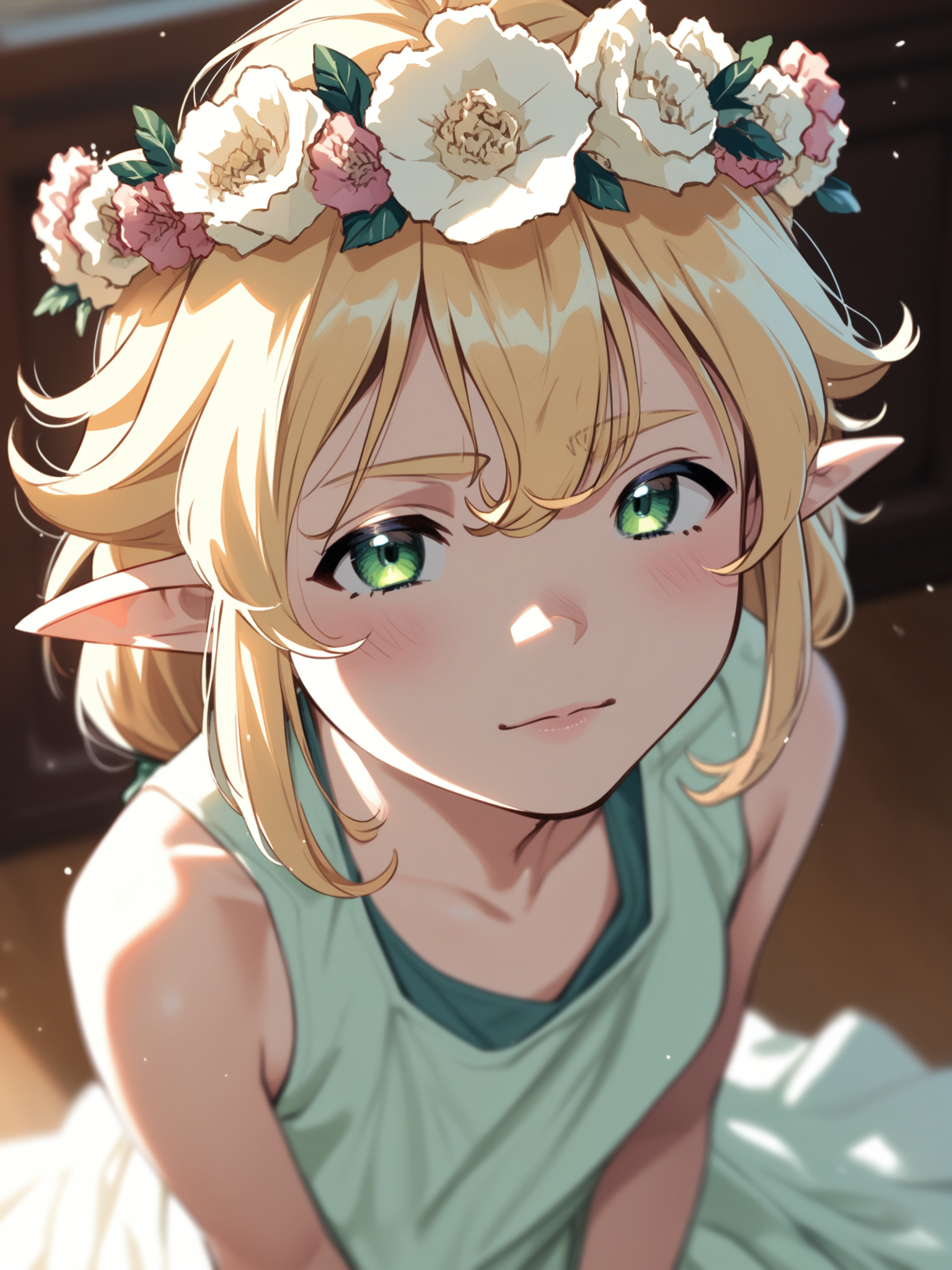 <lora:happy_tentacle-tsuruelko-v0.1-000011:1>, ht_tsuruelko, head wreath, blonde hair, green eyes, small breasts , furrowed brows, indoors, cowboy shot, 1girl, solo focus, (looking away:1.1), , (depth of field:0.8), from above, [(realistic, photorealistic:1.2):(realistic:1.3):22], [(3d:1.2)::10], <lora:LUUNA's Lunas-NijiJourney-SDXL-B2:0.5>, nijijourney, <lora:prgfrg23's Counterfeit-V3.0 Style SDXL_LoRA_Pony Diffusion V6 XL:0.3> score_9, score_8_up, score_7_up, score_6_up, score_5_up, score_4_up