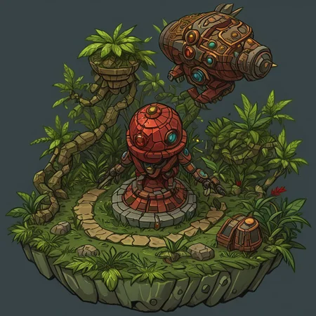 1 island, green to lime color, jungle, many leafs, lakes, swamp, (rocky stone ruins:0.8), overgrown wide, plain darkgray to gray background, mecha rusty parts, (((thick outlines:2.2))), (magic gemstone glowing red:1.2)