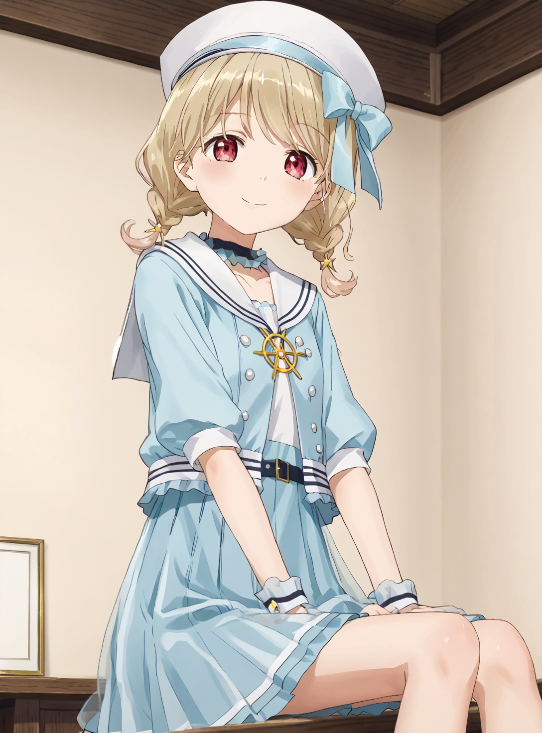 official art,official style,anime screencap,anime coloring,megami magazine,anime,animated
TotoSailor, 1girl, solo, twin short braids, blue serafuku, blue layered skirt, sailor hat,
indoors, looking at viewer, smile,cowboy shot, sitting, 
<lora:kogara_toto_Pony_1.0:0.75>   <lora:Anime_Screencap:1>