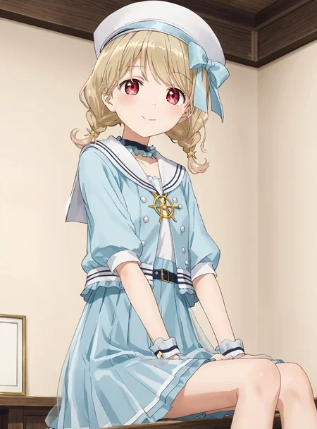 official art,official style,anime screencap,anime coloring,megami magazine,anime,animated
TotoSailor, 1girl, solo, twin short braids, blue serafuku, blue layered skirt, sailor hat,
indoors, looking at viewer, smile,cowboy shot, sitting,
<lora:kogara_toto_Pony_1.0:0.75> <lora:Anime_Screencap:1>