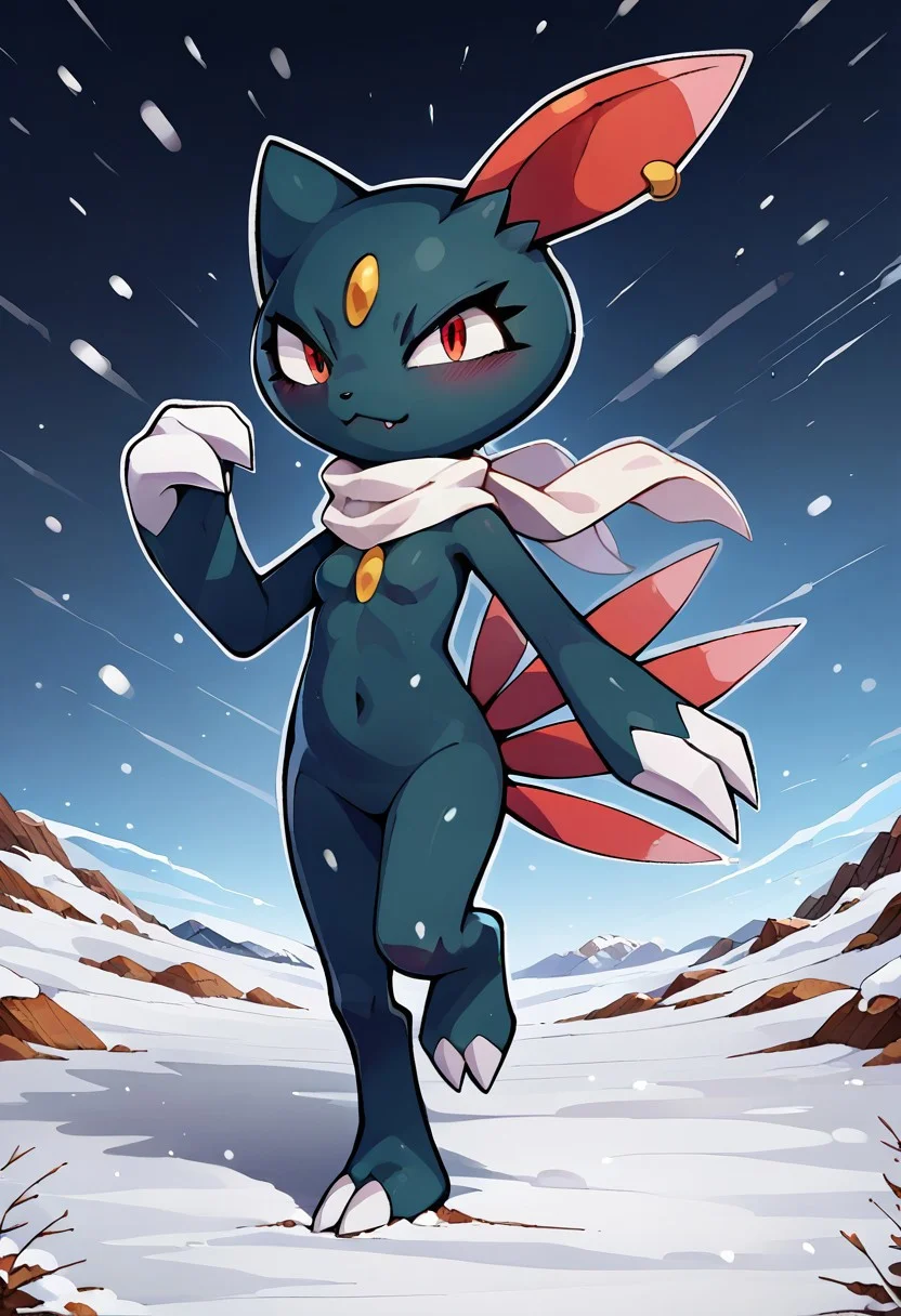 score_9, score_7_up,
solo, 1girl, sneasel, pokemon \(creature\), furry, red eyes, small breasts, white scarf, earring,
full body, action pose,
abstract background, snow, white outline,
Expressiveh, zzCitronCAT, (innv:0.4),