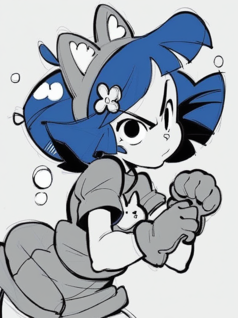 score_9, score_8_up, score_7_up, score_6_up, cat girl, big puffy gloves, plump, from side, front, leaning forward, cute pose, angry, looking at viewer, simple white background, dynamic pose, splash art, concept art, cowboy shot, blue hair, hair ornament, cat ears, 
<lora:INKtoonXLP_Style:1> InkToon, monochrome, black eyes, simple background, cute, sketch, thin line, cartoon