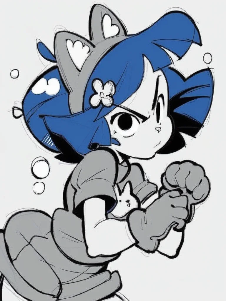 score_9, score_8_up, score_7_up, score_6_up, cat girl, big puffy gloves, plump, from side, front, leaning forward, cute pose, angry, looking at viewer, simple white background, dynamic pose, splash art, concept art, cowboy shot, blue hair, hair ornament, cat ears,
<lora:INKtoonXLP_Style:1> InkToon, monochrome, black eyes, simple background, cute, sketch, thin line, cartoon