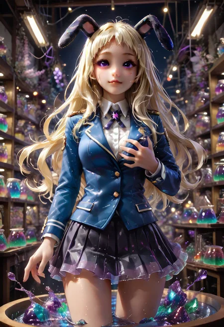 best quality, masterpiece, ultra-detailed,1 girl. jelly style, yomozuki runa, blonde hair, purple eyes, long hair, uniform, kigurumi, black animal ears, 
BREAK anthropomorphic , shaking legs, in heat, o-face, Sexy pose, exposing breast, dynamic viewing angle, cowboy shot, playful lighting,
<lora:bad_prompt_version2-neg:1> <lora:By bad artist -neg:1> <lora:Jelly_Style:1>
