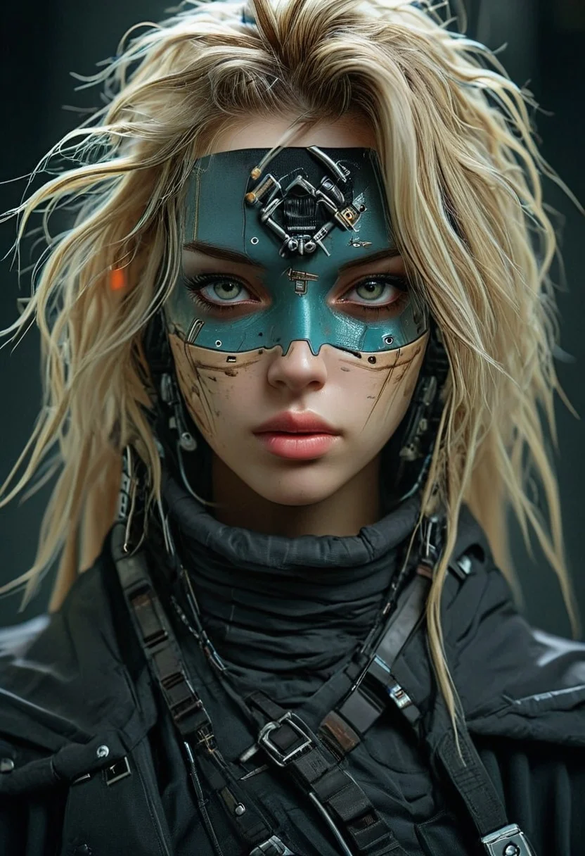 dim light, low light, dramatic light, partially covered in shadow, photo in phst artstyle, mechanical parts, wires, cables, cyberpunk, closeup portrait of samurai bedouin freckled blonde beauty with a half robot face, vibrant dark-blue/white colored, Long Hair, closeup photo of an wired-cyborg assassin with half robot face wearing a black high collar hooded parka, solo, woman, high collar parka, upper body,, female focus, crepuscular rays, volumetric lighting, ultra detailed, deep Blacks, very detailed, atmospheric haze, Film grain, cinematic film still, shallow depth of field, highly detailed, high budget, cinemascope, moody, epic, OverallDetail, 2000s vintage RAW photo, photorealistic, candid camera, color graded cinematic, eye catchlights, atmospheric lighting, imperfections, natural, shallow dof