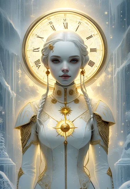 score_9, score_8_up, score_7_up, anthropomorphic humanoid white pisalis : white on white : white on white : frost patterns+pisalis fantasy world, white on white, gold dust, neon light, blobs, golden compass film style