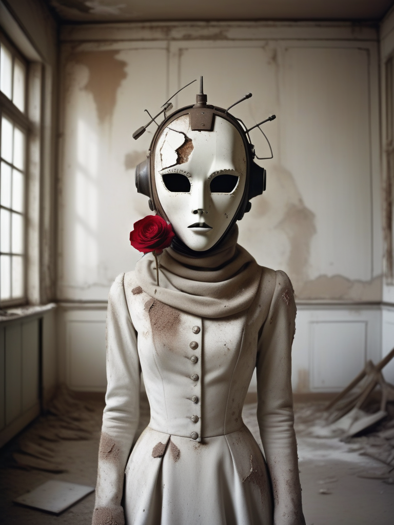 barnum-melancholy, photo cinematic of surprised robot mask  , which is a person who studies entropy; a scientist kind of, eerie, realistic, desolate dusty opera  stage full of dirty roses
 white theme , huge , white walls background, grit, (rust:0.65), cracks, cracked surface, subtle messy, dust, weary, edges rusty dusty, surface scratches, peeled sun bleeched paint, smudges, crumbles, rugged, used