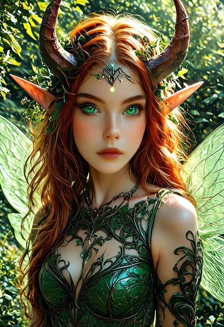 A detailed prompt for this image of a humanoid curvy feminine fairy with a pale mauve skin, intricate pearlescent horns, and multiple eyes, set against a vibrant green background. The fairie face is expressive, with a hint of curiosity and intelligence in its gaze. Its body is covered in intricate patterns and markings, suggesting a complex and ancient culture. The background is filled with flowers andushrooms, creating a sense of mystery and wonder.
The flowers in her hair are a perfect, and they add a touch of femininity to her otherwise magical appearance. The forest is a perfect setting for this image, and it adds to the overall sense of mystery and intrigue.
The fairies wings are sleek and shiny. pureerosface_v1, hourglass body shape, realistic, redhead, ginger hair, freckles, green eyes, full lips, long hair,, NightElf, in armor, diadem, horns