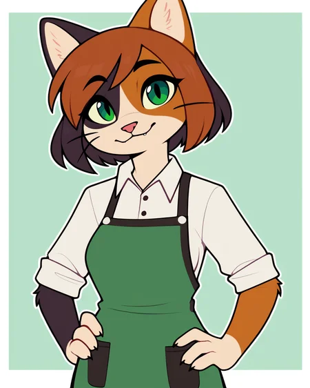 score_9_up, score_8_up, score_7_up, score_6_up, by remanedur, furry female, half-length portrait, cat, calico, female, furry, multicolored hair, green eyes, white collared shirt, short hair, bangs, hand on hip, green apron, medium breasts, looking at viewer, smile, happy, head tilt, solo, three-quarter view, simple background, white outline, <lora:Leah_Pines(AIM)_XL_v1:0.15> <lora:PDXL_artist_tags_v2_big:0.5> <lora:The-Minuscule-Task_PDXL_v1.0:0.6> <lora:Kawa_R3KNWN:0.7>
