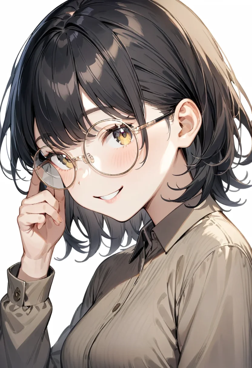 masterpiece, best quality, very aesthetic, absurdres,
1girl, solo, black hair, medium hair, smile, looking at viewer, upper body, collared shirt,
round_glasses22A, yellow-framed eyewear, 
white background, simple background,
 <lora:round_glasses_metal-frame_SDXL_V1:1>