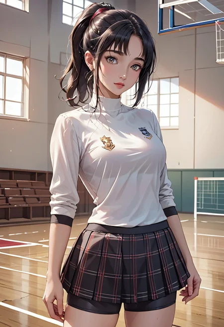 score_9, score_8_up, score_7_up, (masterpiece, Highest quality:1.4), (beautiful, beautiful, perfection, delicate, Complex:1.2), (cute, Adorable), (Depth of written border:1.2), Realistic Face:1.2, hand,
1Girl, 28yo, shihop5, black hair, ponytail, shirt, plaid skirt, bike shorts, asymmetrical legwear,
((School gymnasium, volleyball court, standing)), break, anatomically correct, cowboy shot,