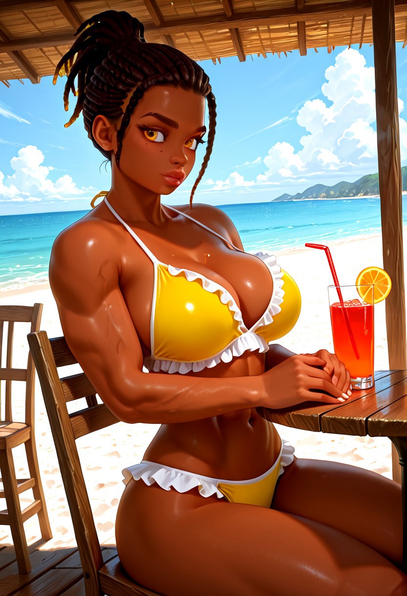 score_9_up, score_8_up, score_7_up, score_6_up), good_hands, vivid colors,, text, (high quality), (high resolution), (perfect lips,  perfect eyes,  perfect body), BREAK, (Nora Césaire, dark-skinned female, muscular female, amber eyes, brown hair, dreadlocks, braids, ponytail, a mole underneath the right eye, yellow bikini, frills, large breasts, slim waist, wide hips), sitting on chair, drinking juice, straw, glass cup, BREAK, beach, restaurant, table, chair, sunny, BREAK, score_9, score_8, score_7,