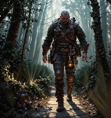 RAW photo, (masterpiece:1.3), subsurface scattering, heavy shadow, (high quality:1.4), (intricate, high detail:1.2), professional photography, HDR, High Dynamic Range, realistic, ultra realistic, photorealistic, high resolution, film photography, ambient lighting, atmospheric effects, <lora:detail_slider_v4:2>, OverallDetail, alchemist, walking outside in the forest, bandolier with flasks, holding grenade, <lora:Alchemist-10:0.6>