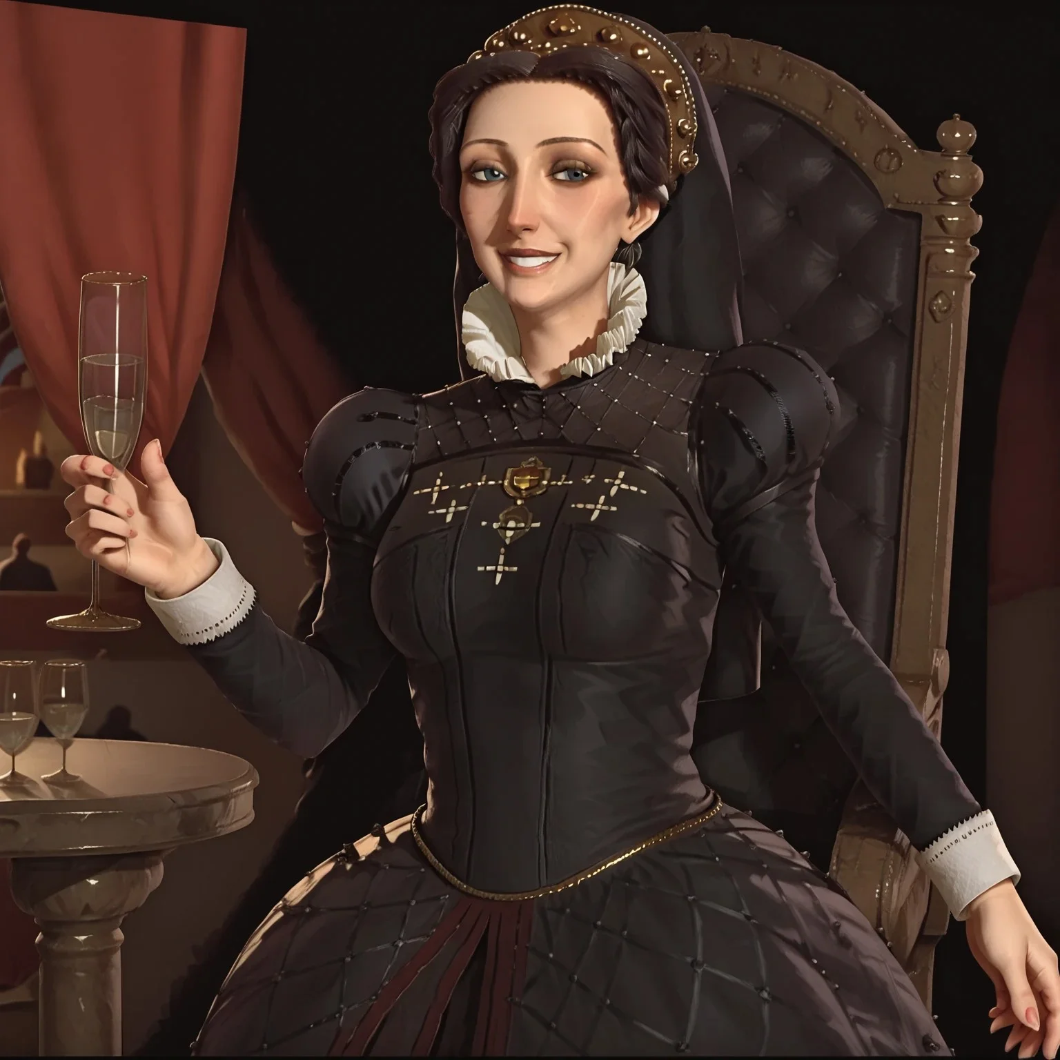 1girl, solo, catherine, black queen catherine, black dress, black veil, throne room, wine glass, raising a wine glass to toast the viewer, smile