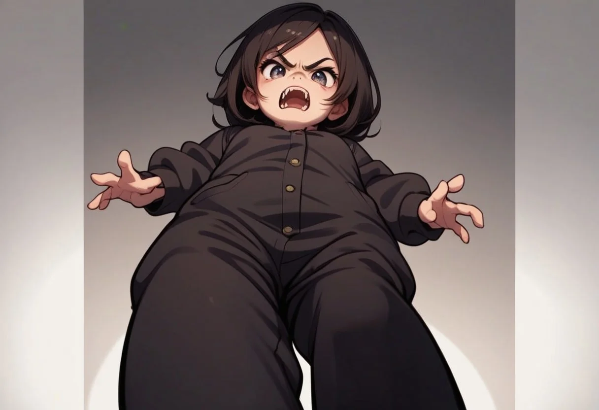 score_9, score_8_up, score_7_up, best quality, fine detail, cute, bear girl, chibi, mad, angry, >:{, (from below), stomping like a giant, room full of stuffed animals