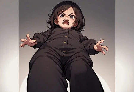score_9, score_8_up, score_7_up, best quality, fine detail, cute, bear girl, chibi, mad, angry, >:{, (from below), stomping like a giant, room full of stuffed animals