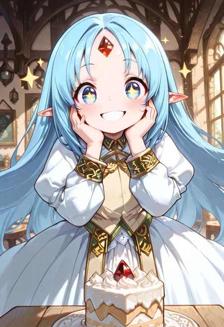 masterpiece, best quality, good quality, very awa, very aesthetic, absurdres, newest, high resolution,high quality,detailed,cute details, gr4ph1t3, beautiful eyes, perfect eyes, detailed eyes, 1girl, solo, reset_kalar_il ,pointy ears,blue hair,long hair,red gem forehead, cute dress, very cute, wide grin, open mouth, blush, super happy, hands on cheek, kira kira eyes, sparkle eyes, sparkle, motion lines, looking at cake, closeup, table, large cake, indoors, fantasy cafe, fantasy