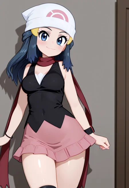 masterpiece, best quality, medium breasts, (curvy), BREAK, zzDawn, blue hair, blue eyes, sidelocks, long hair, bare shoulders, beanie, black shirt, black socks, bracelet, hat, jewelry, kneehighs, miniskirt, pink skirt, red scarf, scarf, shirt, skirt, sleeveless, sleeveless shirt, white headwear, <lora:DawnPokemonIXL_e07:1.0>smile, looking at viewer, cowboy shot, <lora:MantisIXL_v2:1.0>,